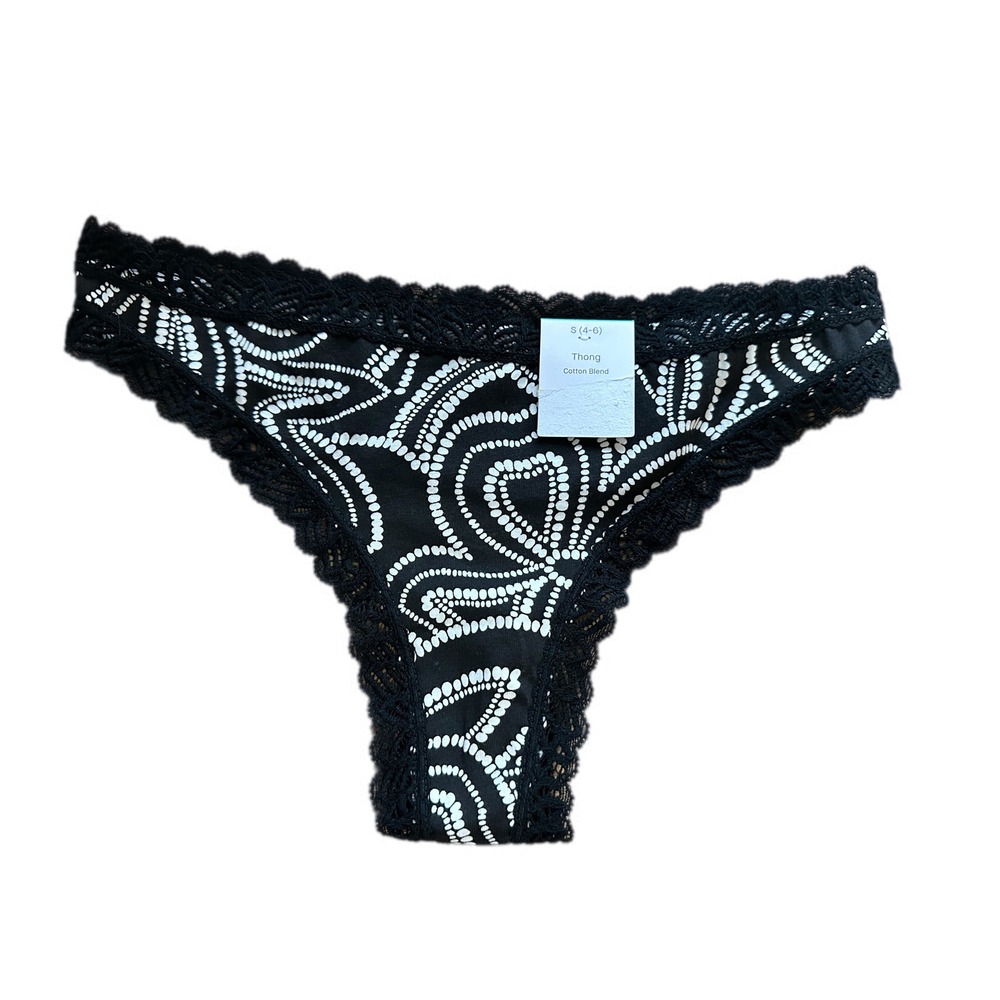 Auden Black White Pattern Lace Trim Thong Panty Size S 4 6 Cotton Blend